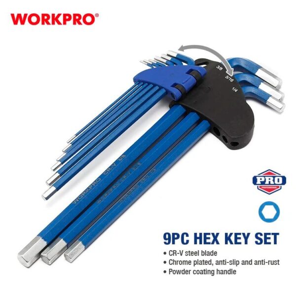 9Pc Long Arm Imperial Hex Key Set 1/16" To 3/8"